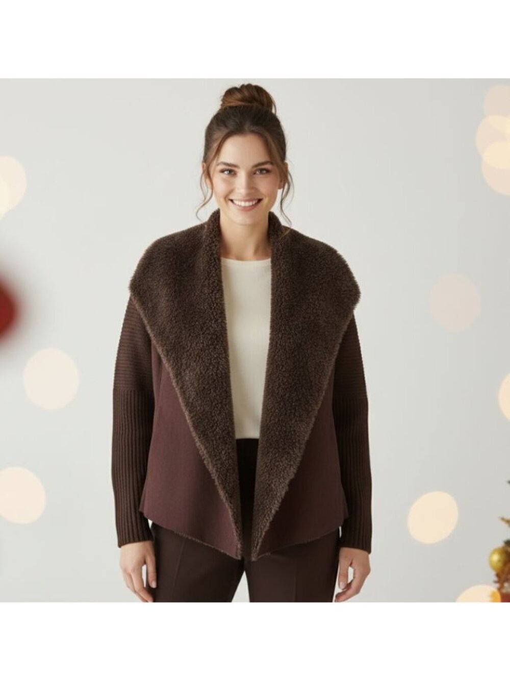 ❤️CHELSEA & THEODORE M Women's Brown FAUX FUR TEDDY Coat Cardigan Sweater Jacket